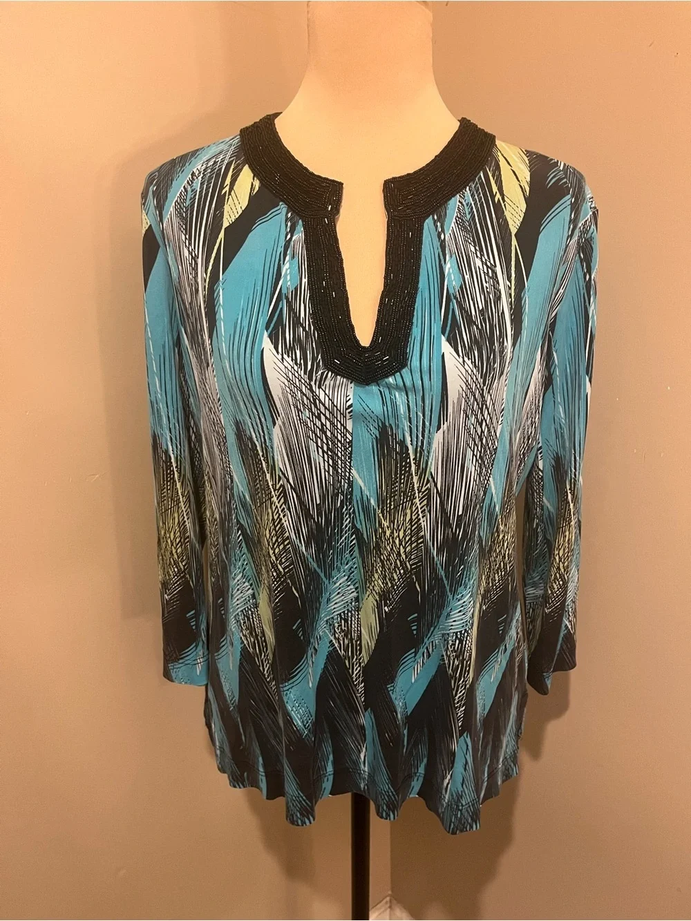 Etcetera Turquoise Patterned Deep V-Neck Tunic with Black Beaded Trim, Medium